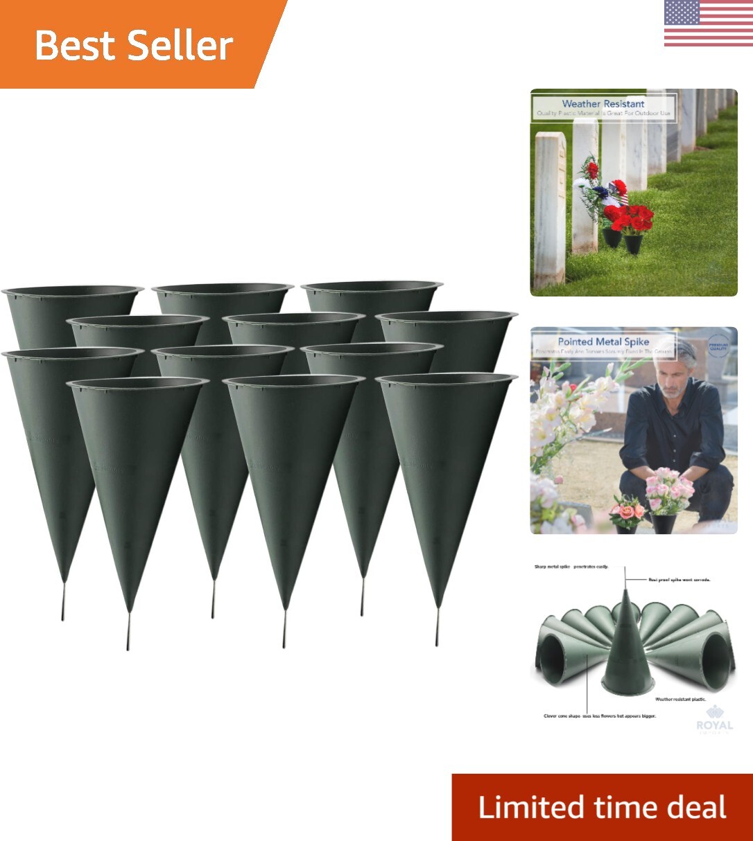 Rust-Proof Stake Flower Holders - Large Set of 12 for Floral Cemetery Decor