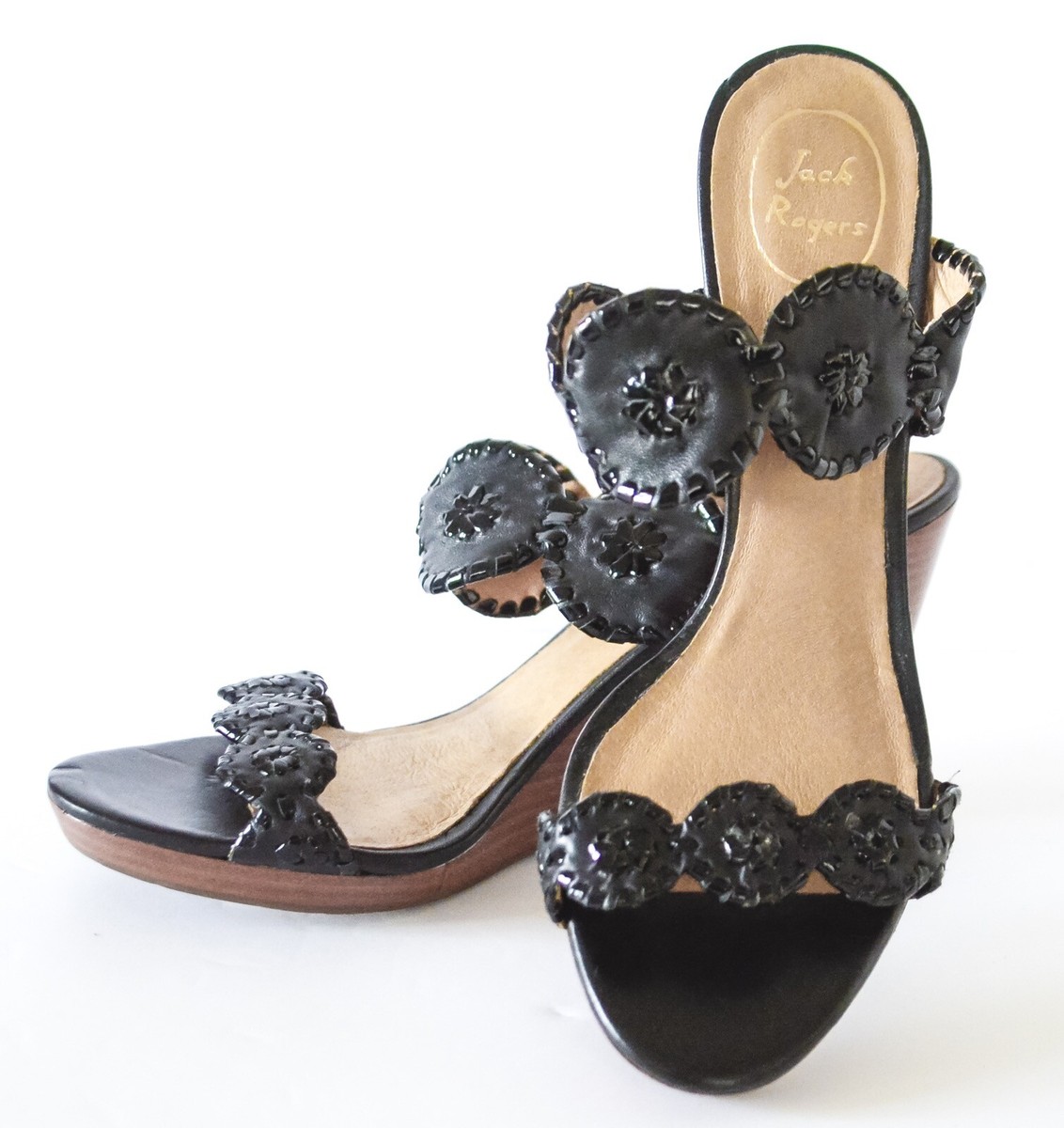 Jack Rogers Women's LUCCIA WEDGE Black Leather Dress Sandals Size