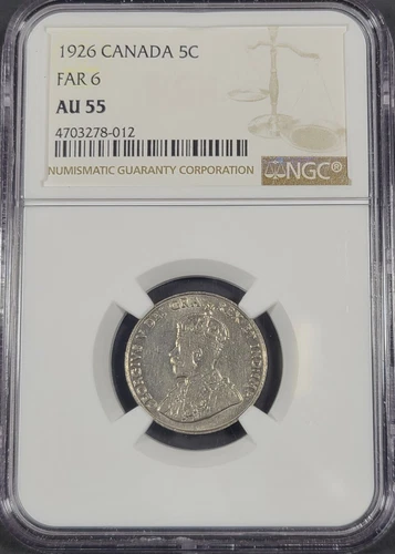 1926 Far 6 Canada 5C Tough Key Date Nickel NGC AU55 Nice Eye Appeal