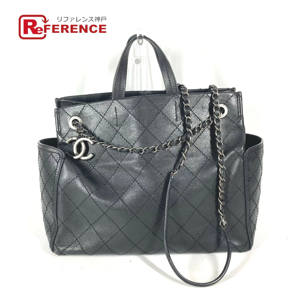 Chanel Matelasse W Chain Quilted Cc Shoulder Tote Bag 2Way Leather