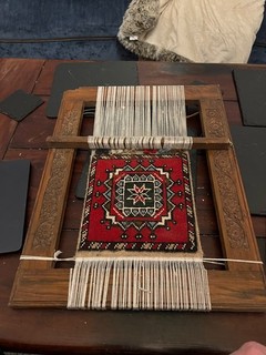 Unusual Hardwood Teak Loom Wool Rug sample wall hanging 40cm x 52cm