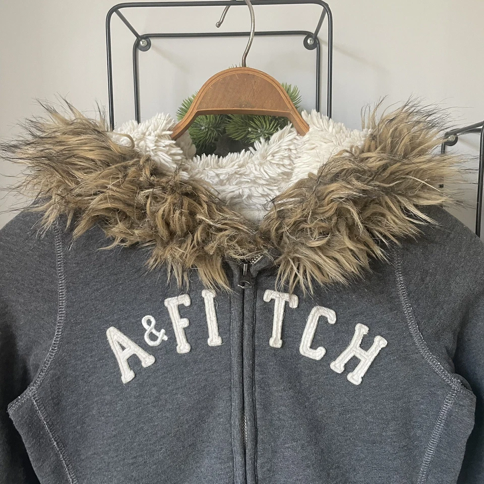 Sudadera con Capucha Abercrombie & Fitch Gris Sherpa Forrada Cremallera Completa Imitación Piel Capucha Para Mujer’s XS Foto 2 de 4