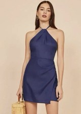 Reformation Dory Navy Linen Dress Tie Back Size 10