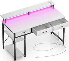  Computer Desk with Power Outlets & LED Light Home Office Desk 47 inch White