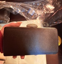 Vintage evening bag hard caseblack satin, rhinestone closure chain 7 x 4 x 1.5
