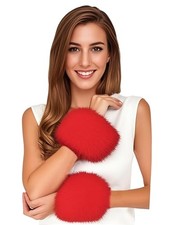 Lina  Lily Women's Winter Wrist Cuffs Warmers Faux Fur Fluffy Red