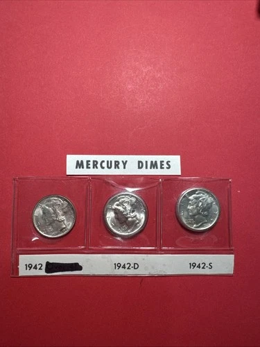 1942- P D & S BU 10C Mercury Dimes Trio Brilliant Uncirculated Set 90% Silver