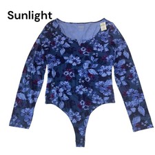 PINK Womens Small Blue Floral Bodysuit Top Long Sleeve Stretch Fabric