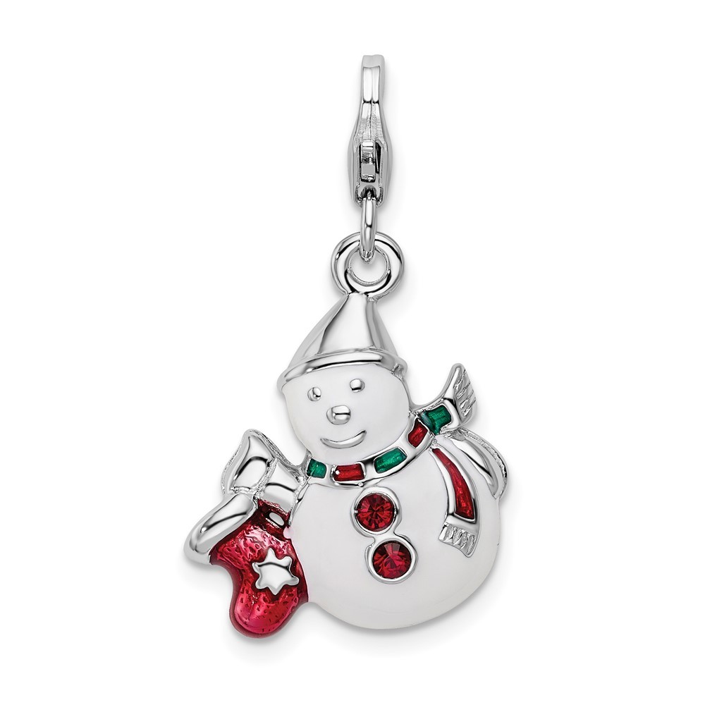 Sterling Silver 3-D Enameled with Crystal Snowman Charm Pendant  2.7gm