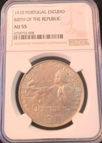 1910 PORTUGAL SILVER 1 ESCUDO BIRTH OF THE REPUBLIC NGC AU 55 SCARCE HIGH GRADE - Picture 5 of 5