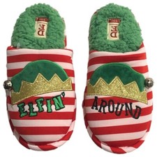 Dearfoams Womens Red Stripe Elfin Around Christmas Elf Slippers Scuffs S 5-6 