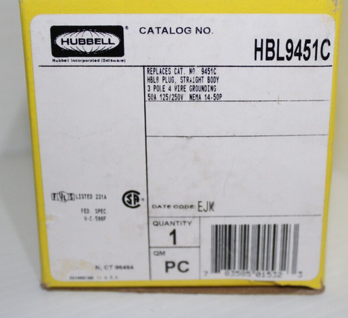⭐NEU IM KARTON⭐ Hubbell HBL9451C Schwerlast gerade Klinge Stecker 3P 4W 50A 125/250V - Bild 3 von 10