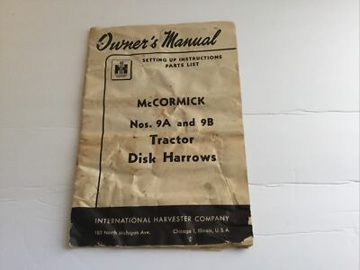 McCORMICK Nos. 9A and 9B Tractor Disk Harrows Operator Manual * FREE SHIPPING*
