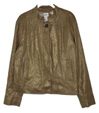 CHICOS Paisley Metallic Foil Shimmer Mandarin Jacket Gold Blazer, Sz 2 Large