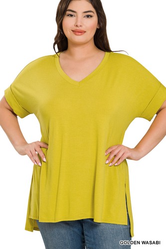 1X 2X 3X Women's V Neck Rolled Short Sleeve Rayon Top Loose Fit T Shirt Tunic - Picture 13 of 81
