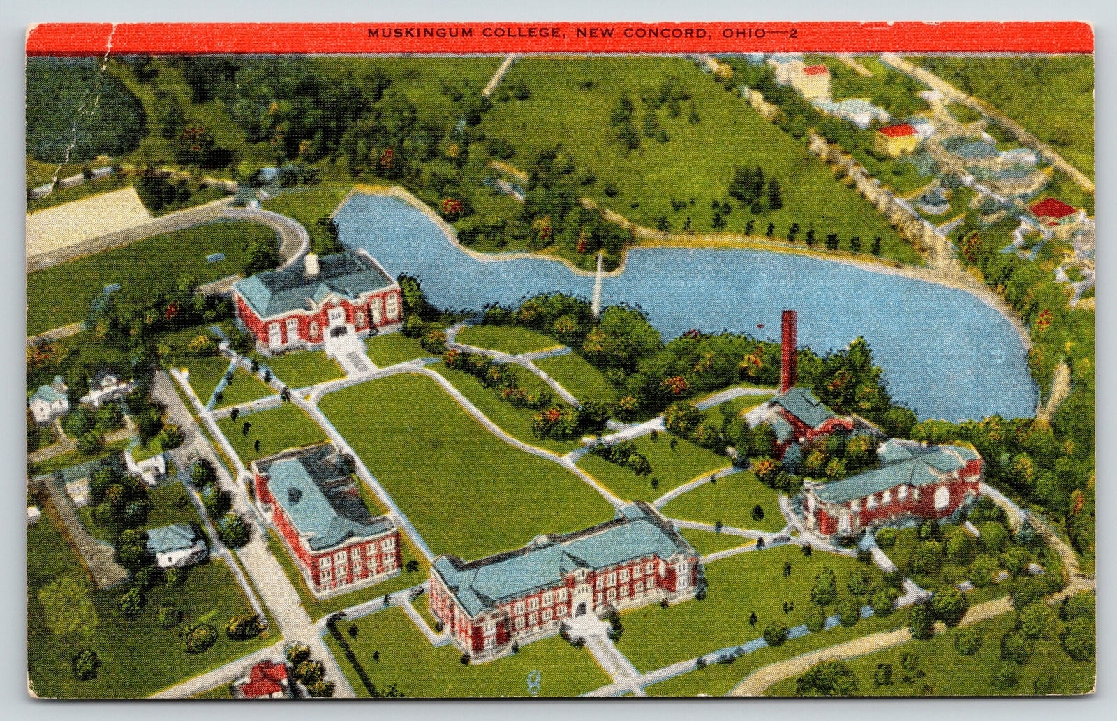 New Concord OhioMuskingum College Campus Birdseye1940s Linen Postcard