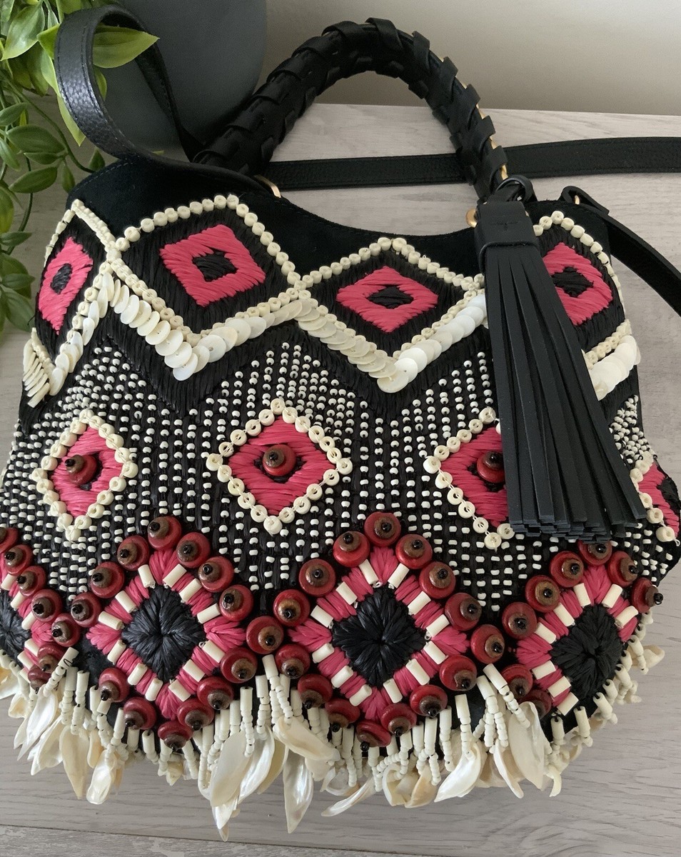 TORY BURCH EMBELLISHED BEADED SHELL & EMBROIDERY BROOKE HOBO