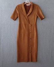 Sateen Dress Womens Medium Brown Short Sleeve Maxi Buttons Workwear Casual Dress