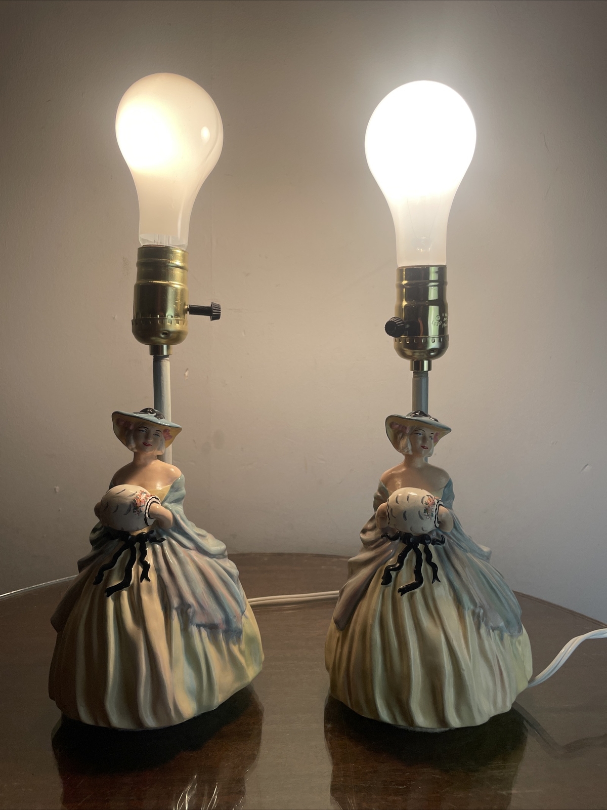 Vintage Lady Figurine Lamp Pair Victorian Woman Southern Belle MCM