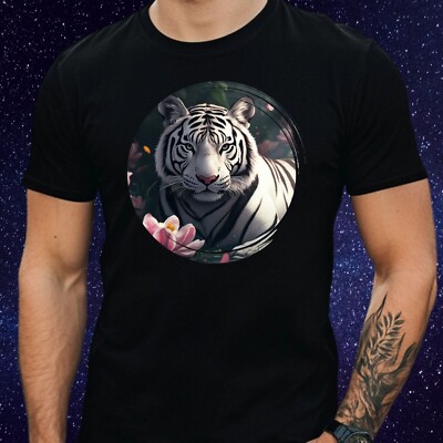 Herren T-Shirt Weißer Tiger im Blumengarten  Motiv Baumwolle Größe XS bis 5XL