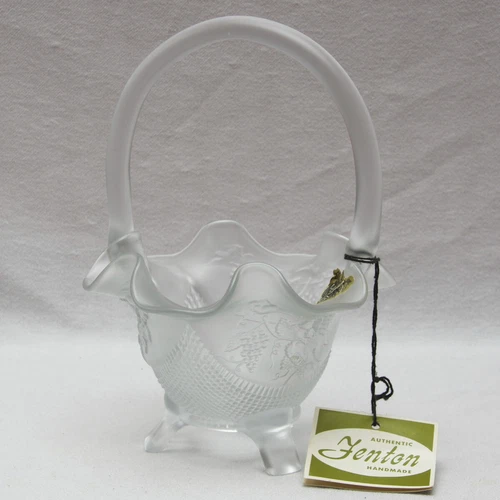 Fenton Art Glass Satin 3 Footed Basket Grape Vines - 1960s - Original Label, Tag