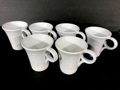 White Cup Mug Set Of 6 Embossed Ceramic CottageCore ENJOY CELEBRATE DELIGHT 
