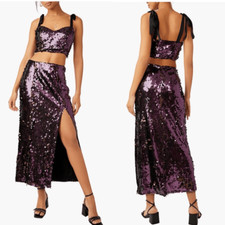 Free People Star Bright Sequin Two-Piece Crop Top & Midi Skirt, Lilac, Sz 4, NWT
