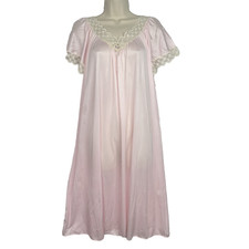 Vtg Val Mode Pink Nylon Nightgown Lace Trim Floral Applique Short Sleeve M USA