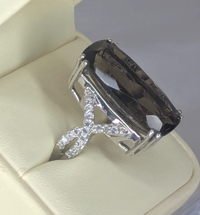 Anillo de cuarzo ahumado y circón - plata de ley, marrón, talla 11 Foto 3 de 4