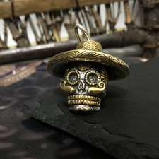 Massive S925 Silver&Brass Sugar Skull Pendant Day of the Dead Sombrero Calavera