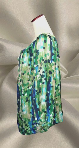 Roz & Ali Womens 2X Blouse Green Blue Abstract Dot Print 3/4 Sleeve Tie Neck - Picture 3 of 6