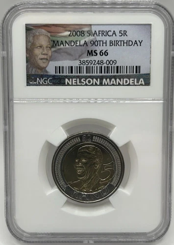 2008 South Africa 5 Rand Nelson Mandela's 90th Birthday Coin NGC MS66