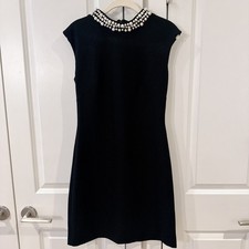 ELIZA J Pearl Embellished High Neck Black Textured Shift Dress | 4