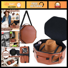 Large Brown Vegan Leather Cowboy Hat Box for Travel - Octagonal Design, Durable