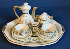 Vintage 1957 Shackman 10 Piece Miniature Porcelain Doll Tea Set Floral Pattern