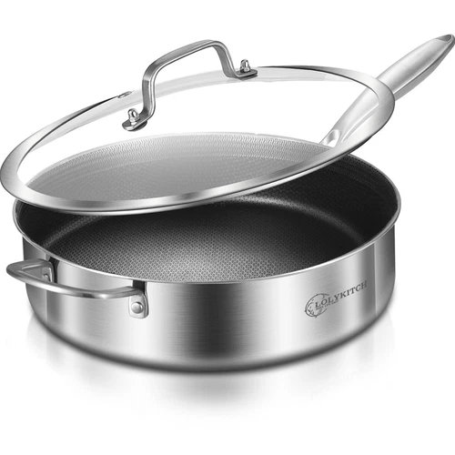 6 QT Hybrid Tri-Ply Stainless Steel Non-Stick Sauté Pan with Lid,12 Inch Deep...