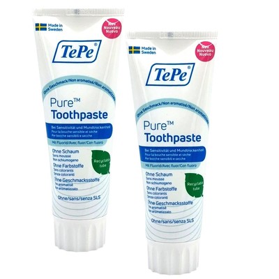 2x TePe Pure Zahnpasta Geschmacksneutral 2x 75ml mit Fluorid Mundrockenheit
