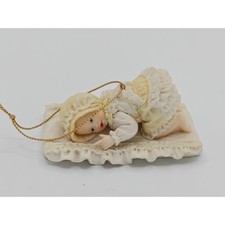 Vintage Style Sleeping Baby Ornament Figurine Ivory Resin Ruffled Nursery Decor