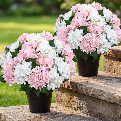 2 Sets 16'' Pink Hydrangea Artificial Flowers in Pots - UV Resistant Decor