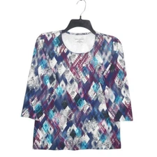 Rebecca Malone Top Womens Small Blue Multi Round Neck 3/4 Sleeve Diamond Pattern