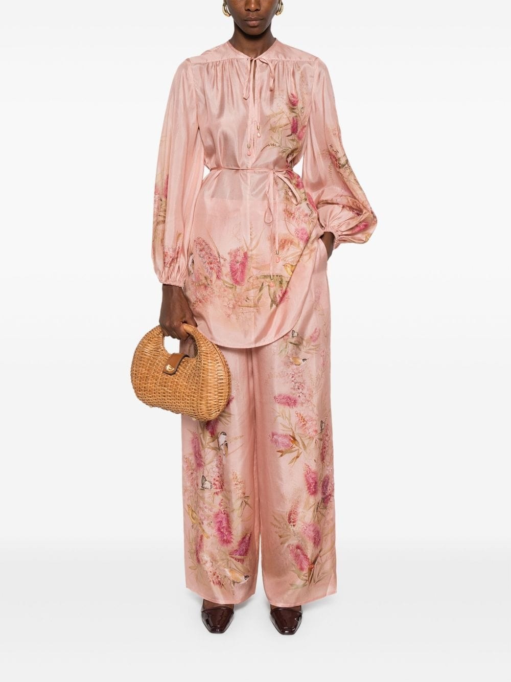 BNWT Zimmermann cascadian tunic top and Pant silk set pink Botanical sz 2 /AU 12