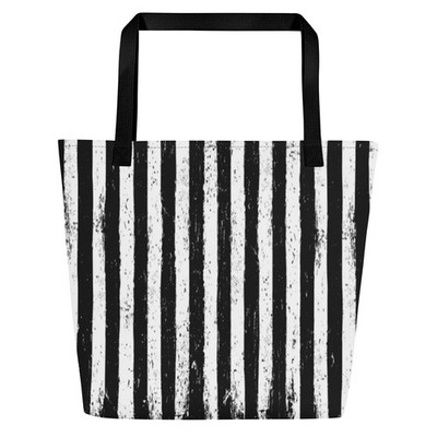 Black & White Vertical Stripe Distressed Tote Bag Gothic Alt Beach Bag
