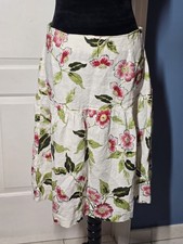 Vtg Floral Linen A-Line Midi Skirt Sz L Beige with Pink Flowers Green Leaves