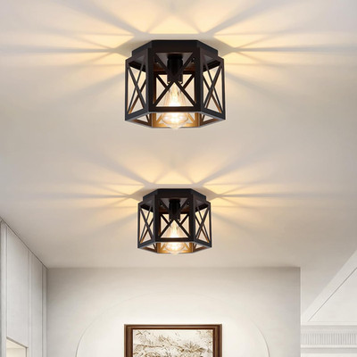 2 Pack Black Flush Mount Ceiling Light with Hexagonal Cage for Home Decor