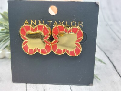 New With Tags Signed Ann Taylor Gold/Red Enamel Clover Stud Earrings 3/4 Inch