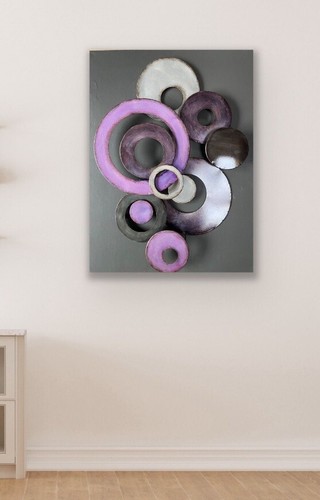Large Abstract Metal Wall Art Purple Discs 80x60cm Mounted on Charcoal Ply Board - Picture 8 of 8