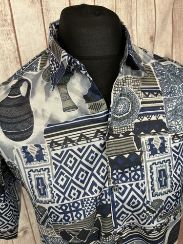 Thai Silk Apple Short Sleeved Shirt Ancient Pottery Abstract Pattern Medium VGC - Picture 3 of 21
