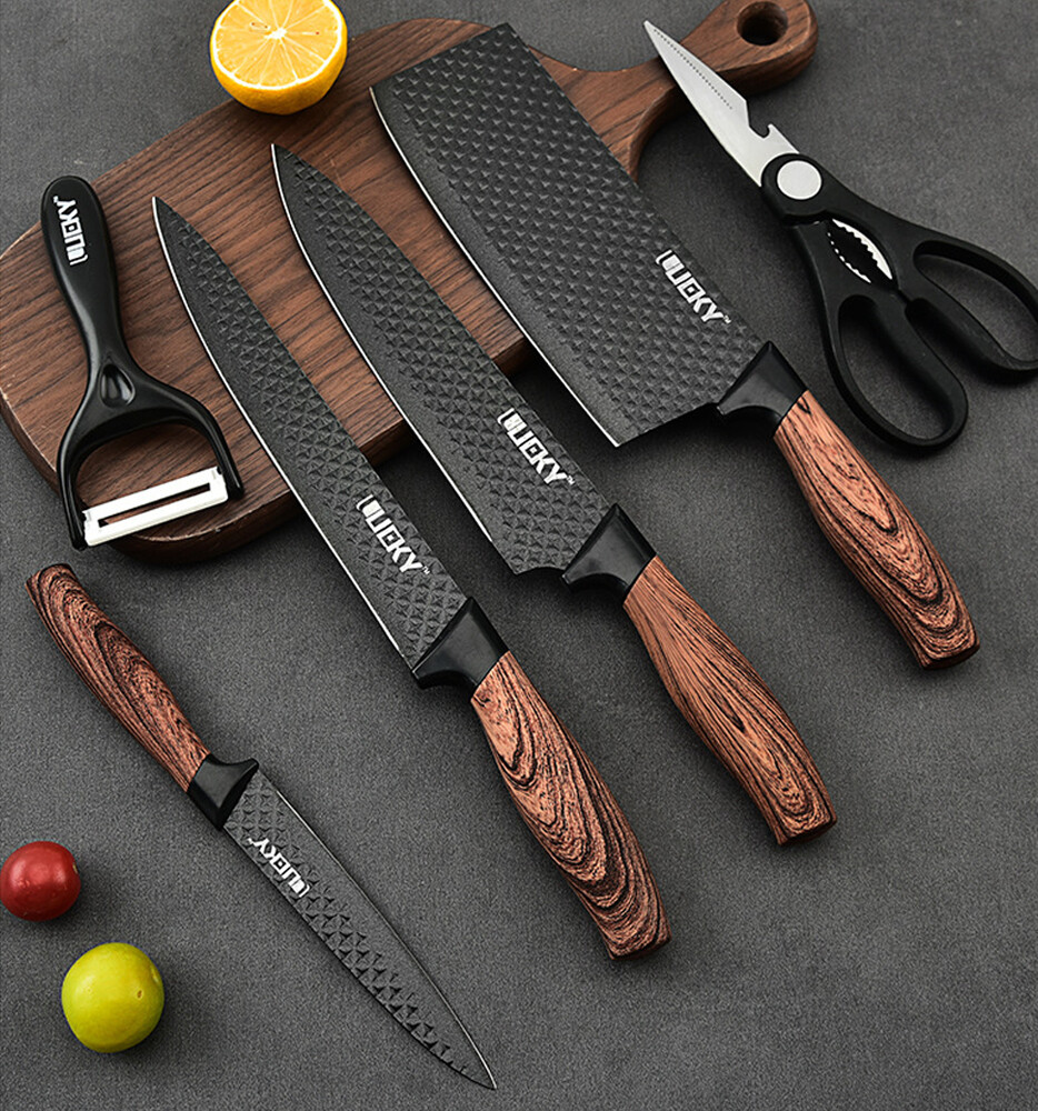 6PCS Kitchen Knife Set Stainless Steel Chef Knives Cleaver Scissor