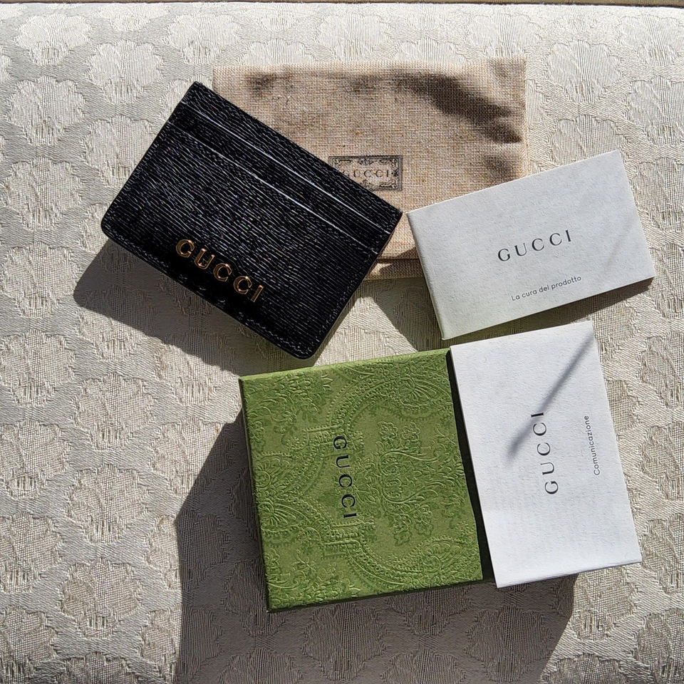 Gucci New in Box Black Card Case Gucci Script Leather 300 Retail eBay