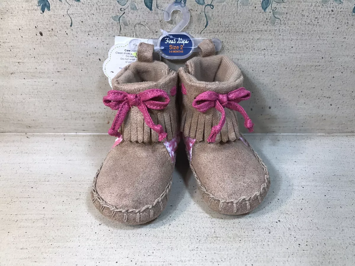 New First Steps Baby Infant Boot Moccasins W Pink Bow Size 2 eBay